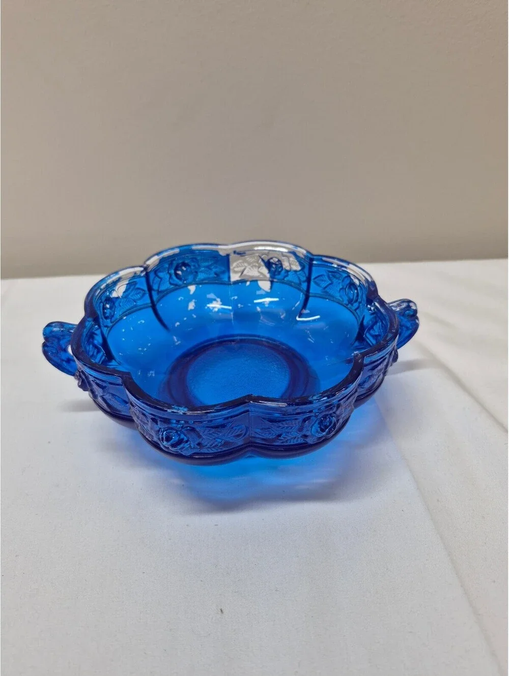 Vintage Glass Decorative Bowl with Blue Paint and Handles J4
